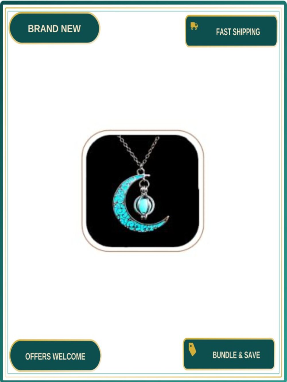 Glow in the Dark Moon Pendant Necklace Stainless Steel Chain Gothic Halloween